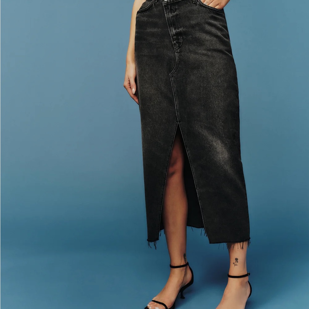 Black Denim Reformation Midi Skirt